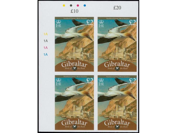 Northern Gannet £2 - two imperf NW proof blocks of 4 with plate numbers and check-dots unmounted mint