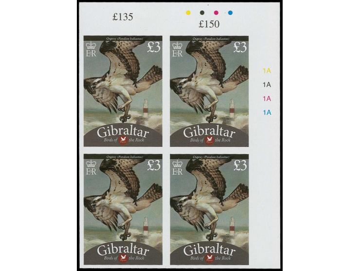 Osprey £3 - two imperf NE proof blocks of 4 with plate numbers and check-dots unmounted mint