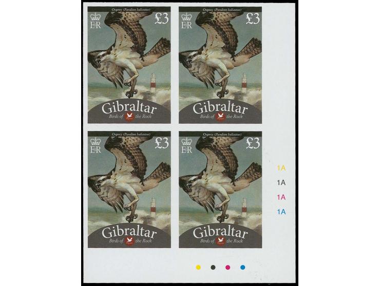 Osprey £3 - two imperf SE proof blocks of 4 with plate numbers and check-dots unmounted mint.