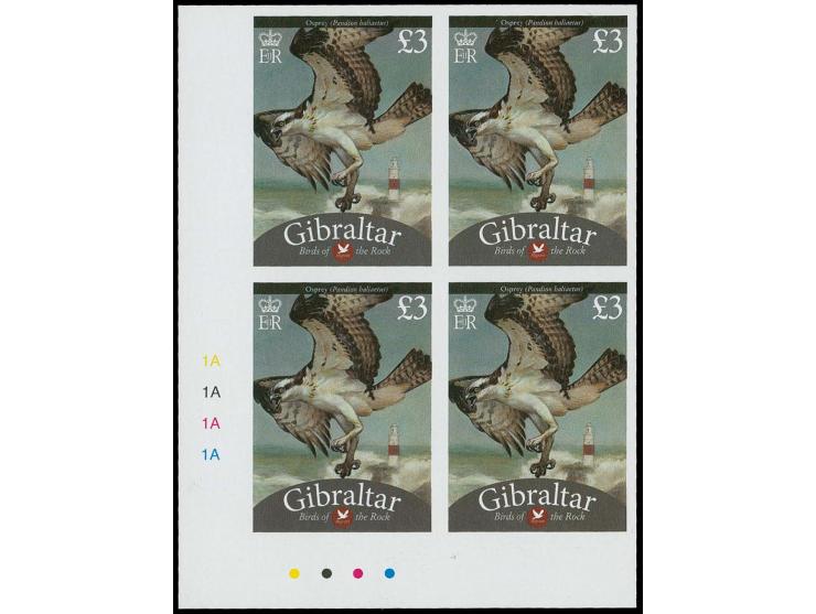 Osprey £3 - two imperf SW proof blocks of 4 with plate numbers and check-dots unmounted mint.