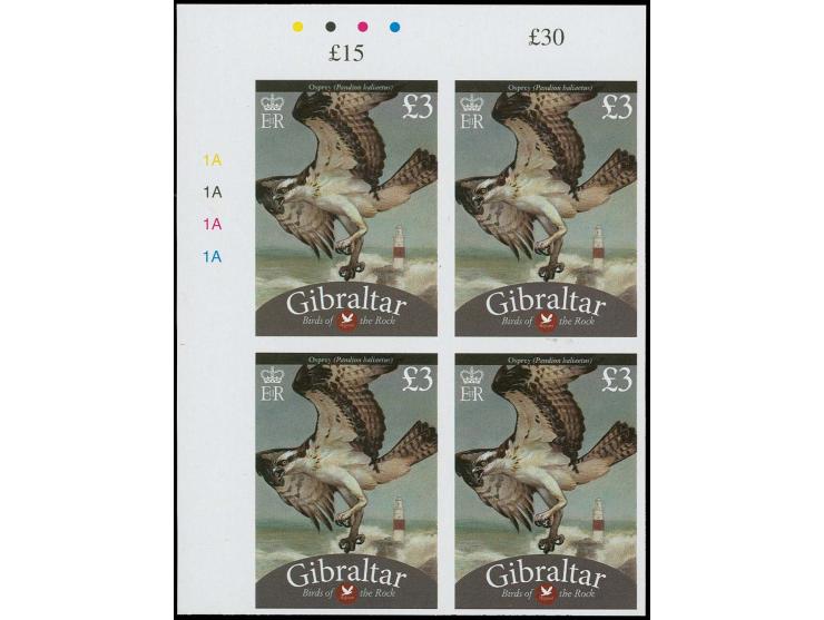 Osprey £3 - two imperf NW proof blocks of 4 with plate numbers and check-dots unmounted mint
