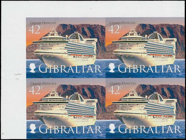 Grand Princess 42p - three imperf proof corner blocks of 4 from upper left corner of proof sheet, as issued unmounted mint