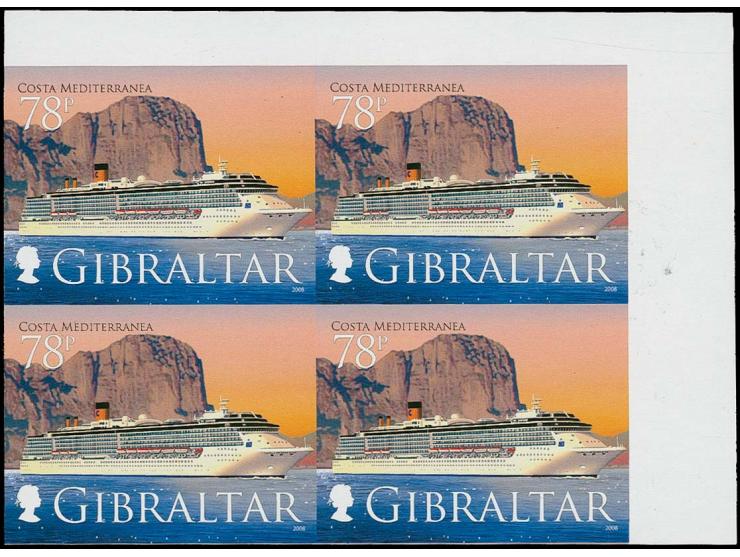 Costa Mediterranea 78p - three imperf proof corner blocks of 4 from upper right corner of proof sheet, as issued unmounted mi