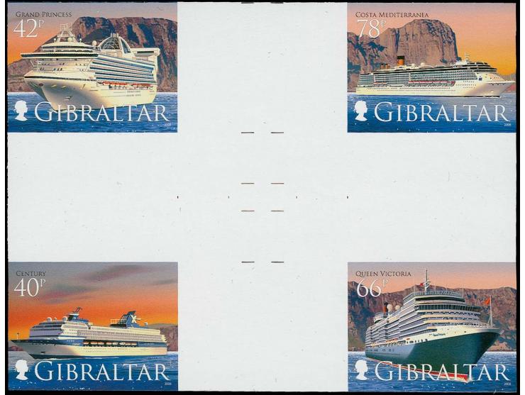 Imperf proof, two sets of 4 in inter-paneau cross-gutter blocks in issued colours unmounted mint. Note this is an unissued fo