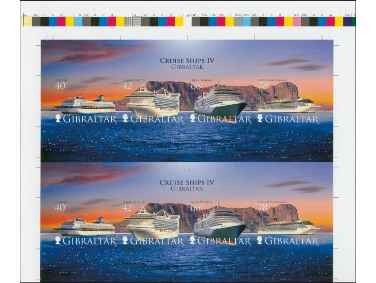 Imperf proof, six pairs of m/sheets in issued colours unmounted mint from the top of the sheet showing colour-check dots. Not