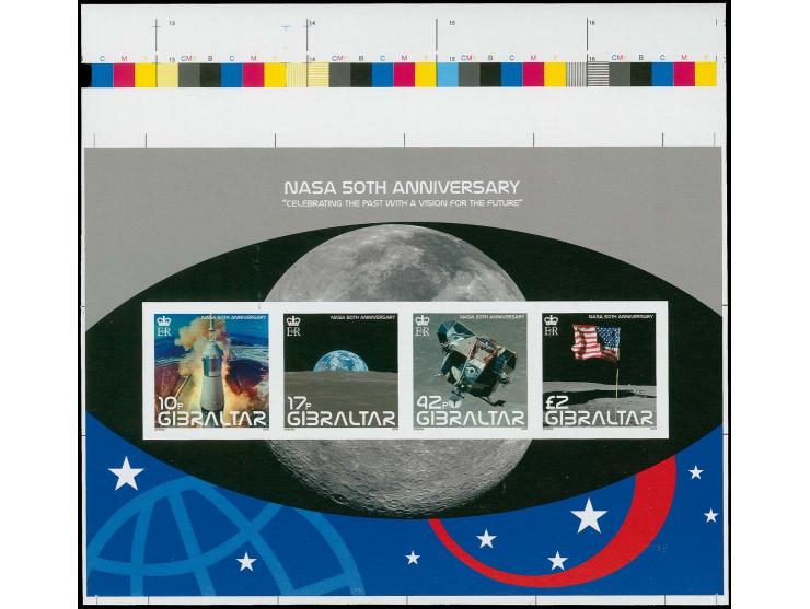 Imperf proof of eight m/sheet in issued colours unmounted mint from the top of sheet showing colour-check dots