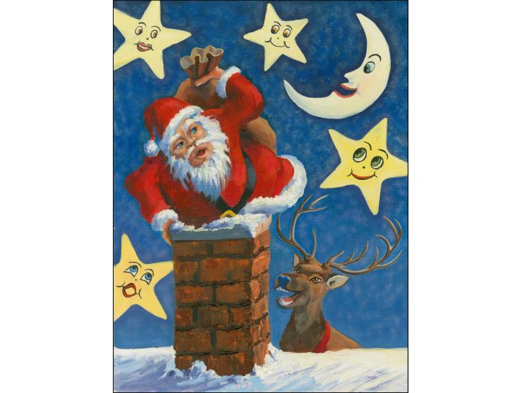 When Santa Got Stuck up the Chimney - Original hand-painted artwork by Olympia Reyes (local artist) as issued 10p value, on t