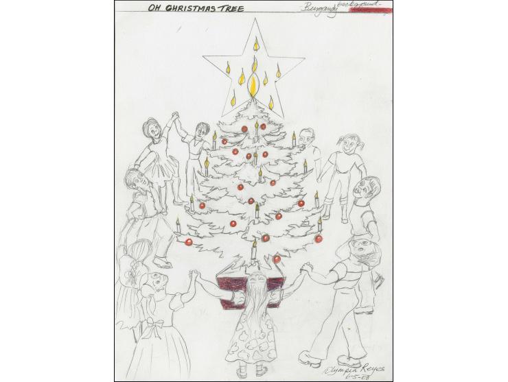 Oh Christmas Tree - Original pencil sketch by Olympia Reyes (local artist) as initial idea for 44p value, on A4 card, signed 