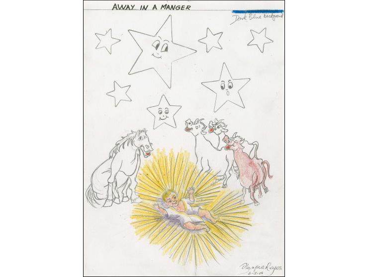 Away in a Manger - Original pencil sketch by Olympia Reyes (local artist) as initial idea for 51 p value, on A4 card, signed 