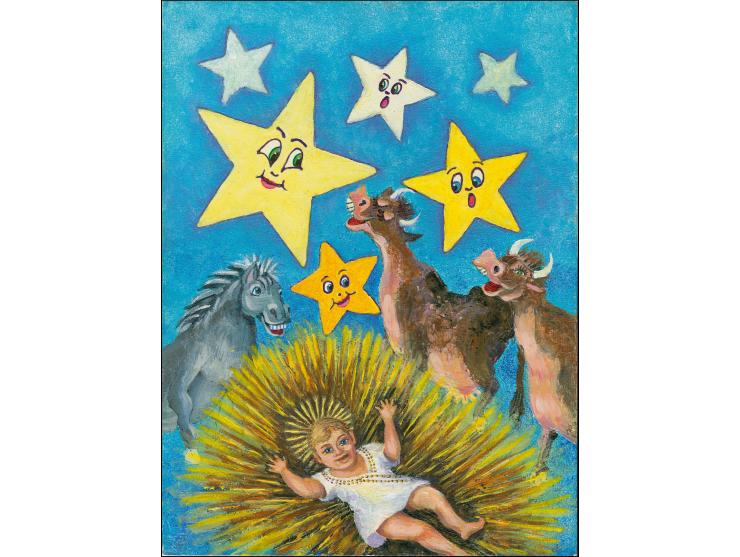 Away in a Manger - Original hand-painted artwork by Olympia Reyes (local artist) as issued 51 p value, on thick board size 30