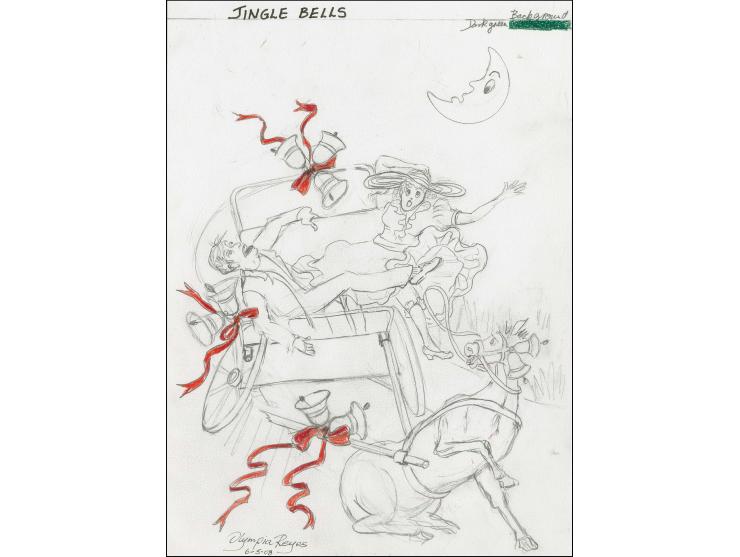 Jingle Bells - Original pencil sketch by Olympia Reyes (local artist) as initial idea for 59p value, on A4 card, signed and d