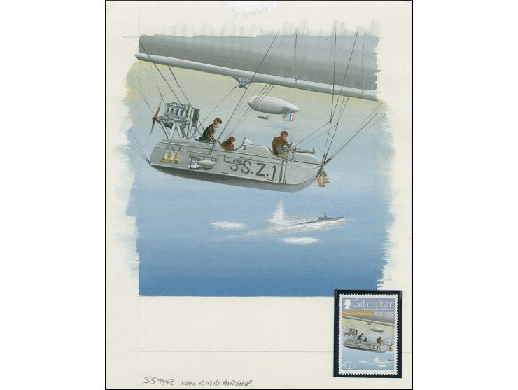 SS Type Non-Rigid Airship over submarine - Original water colour artwork by John Batchelor (Design by Stephen Perera) as used