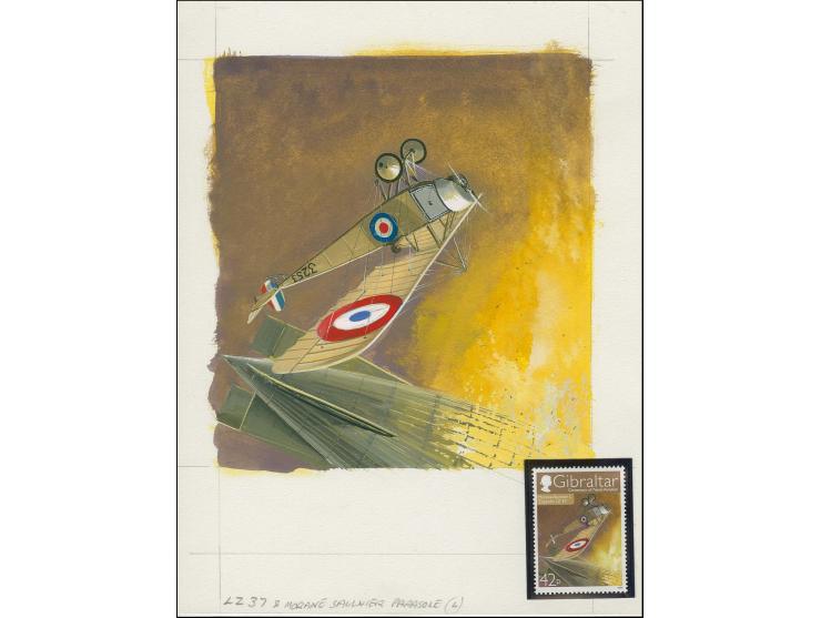 Zeppelin LZ37 & Morane-Saulnier - Original water colour artwork by John Batchelor (Design by Stephen Perera) as used for one 
