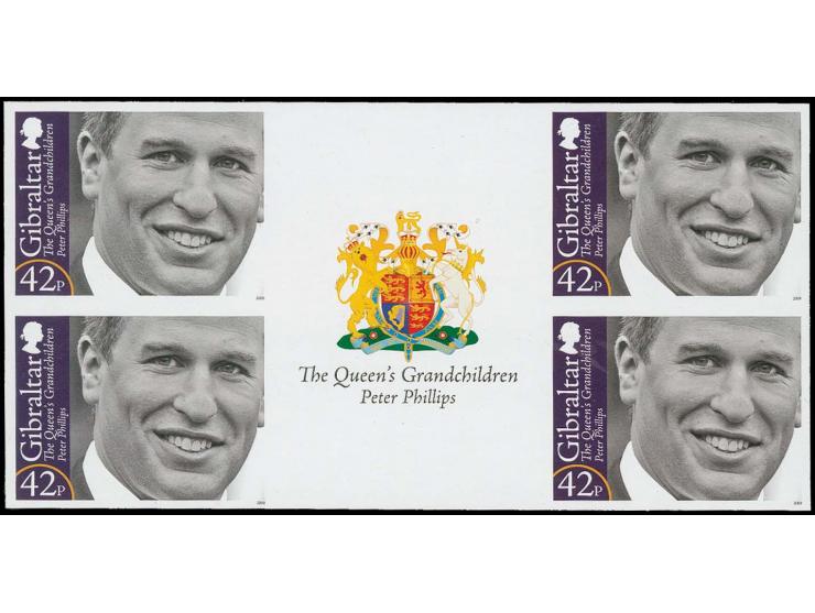 Peter Phillips 42p - eight imperf inter-paneau gutter proof blocks of 4 with coat of arms in gutter, as issued unmounted mint