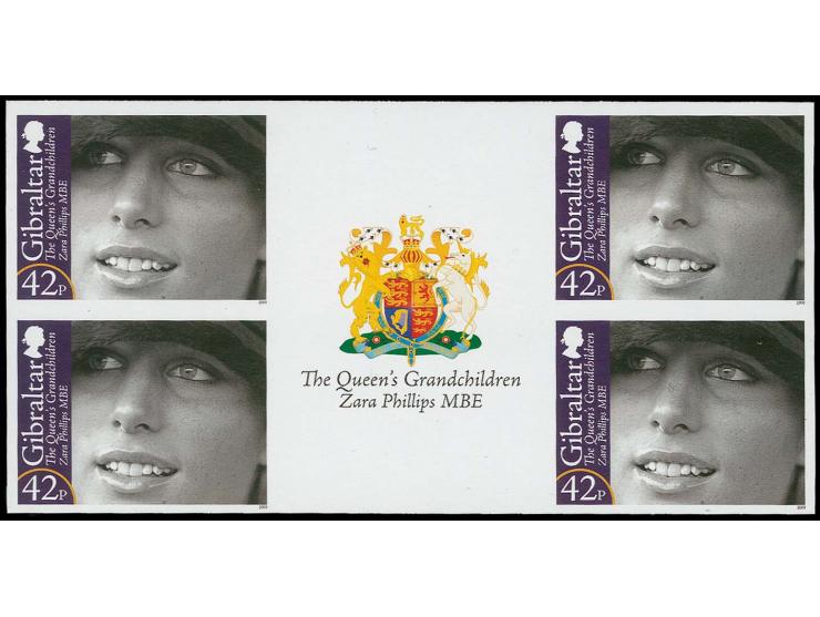 Zara Phillips 42p - eight imperf inter-paneau gutter proof blocks of 4 with coat of arms in gutter, as issued unmounted mint