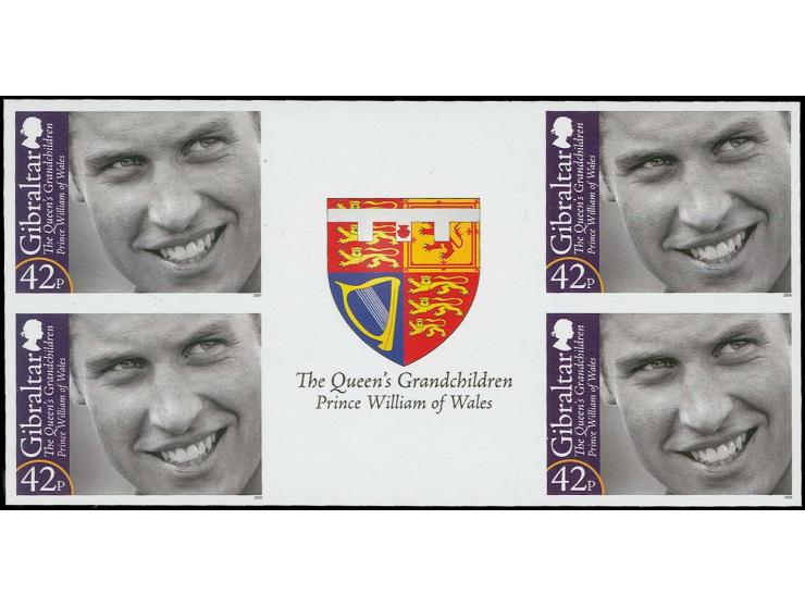 Prince William 42p - eight imperf inter-paneau gutter proof blocks of 4 with coat of arms in gutter, as issued unmounted mint