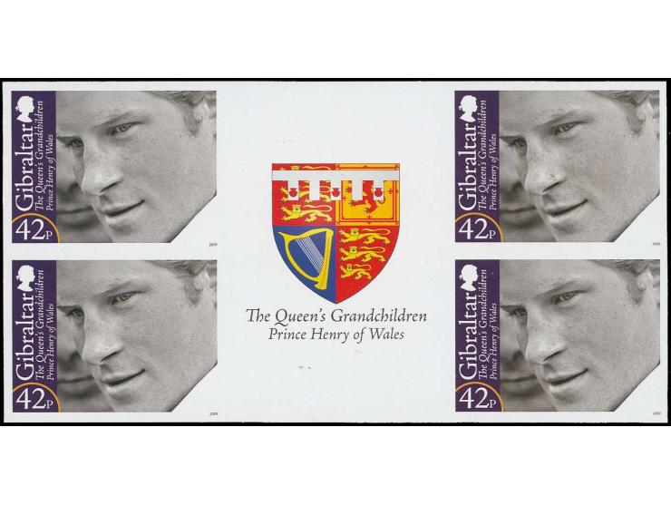 Prince Harry 42p - eight imperf inter-paneau gutter proof blocks of 4 with coat of arms in gutter, as issued unmounted mint