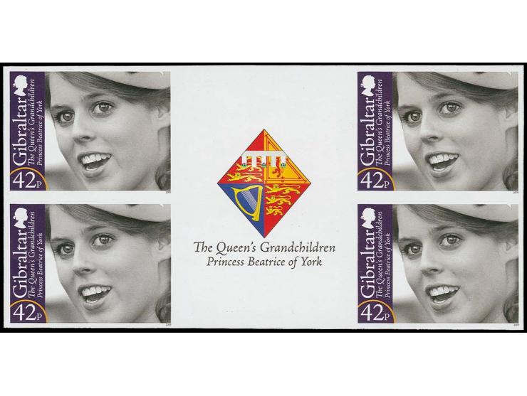 Princess Beatrice 42p - eight imperf inter-paneau gutter proof blocks of 4 with coat of arms in gutter, as issued unmounted m