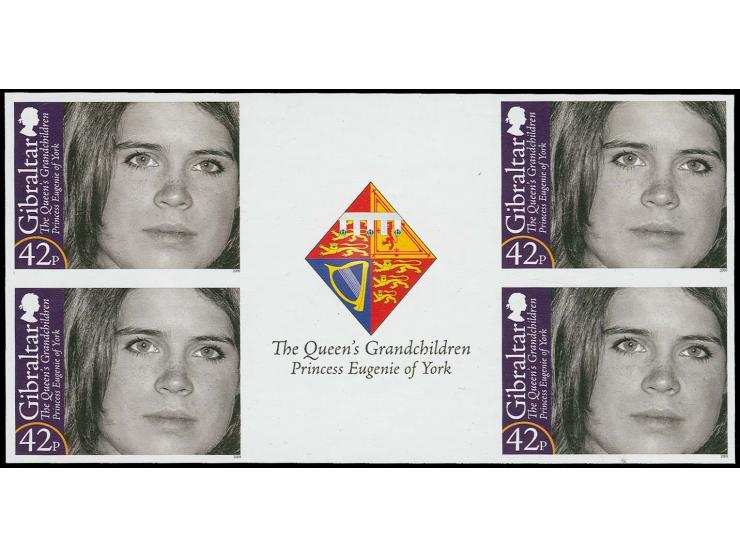 Princess Eugenie 42p - eight imperf inter-paneau gutter proof blocks of 4 with coat of arms in gutter, as issued unmounted mi