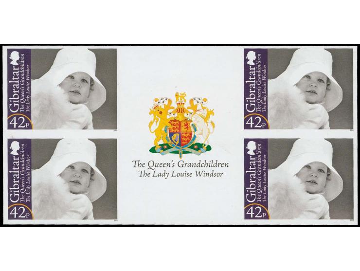 Lady Louise Windsor 42p - eight imperf inter-paneau gutter proof blocks of 4 with coat of arms in gutter, as issued unmounted