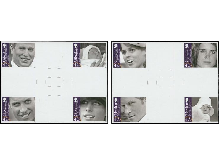 complete sets of 8 in two Imperf inter-paneau cross gutter proof blocks of 4 in issued colours unmounted mint