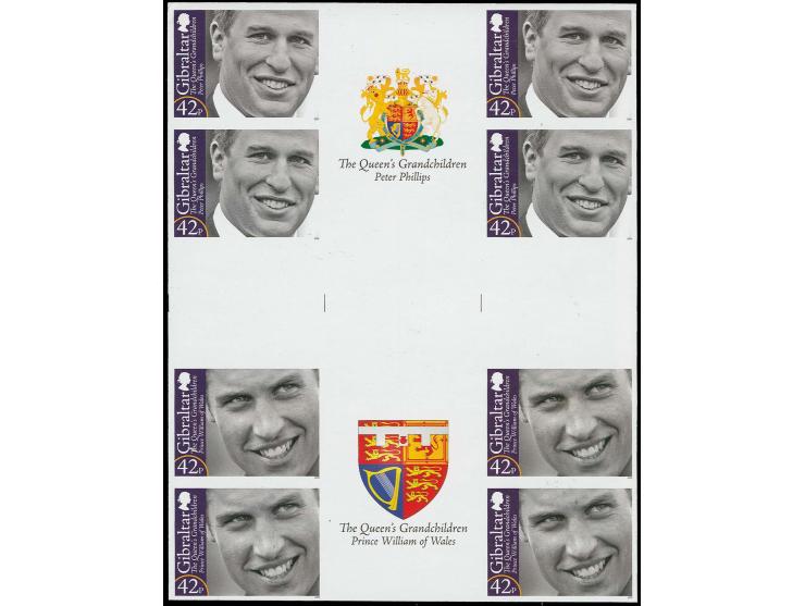 Imperf inter-paneau cross gutter proof, four blocks of 8 featuring Peter Phillips & Prince William with coat of arms in gutte