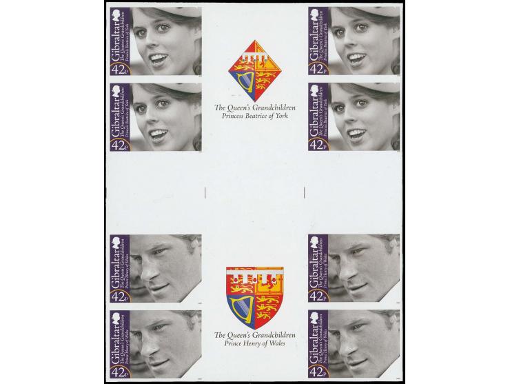 Imperf inter-paneau cross gutter proof, four blocks of 8 featuring Princess Beatrice & Prince Harry with coat of arms in gutt