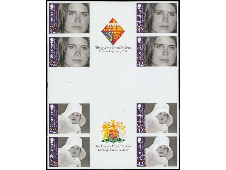 Imperf inter-paneau cross gutter proof, four blocks of 8 featuring Princess Eugenie & Lady Louise Windsor with coat of arms i