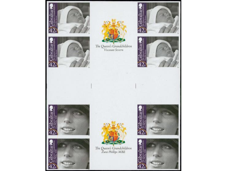Imperf inter-paneau cross gutter proof, four blocks of 8 featuring Viscount Severn & Zara Phillips with coat of arms in gutte