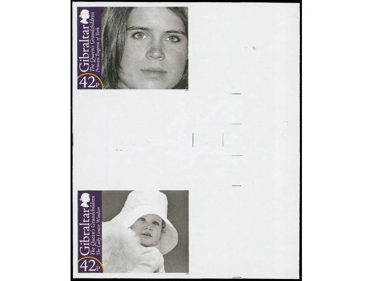Imperf se-tenant vertical gutter proof, four pairs featuring Princess Eugenie & Lady Louise Windsor, in issued colours unmoun