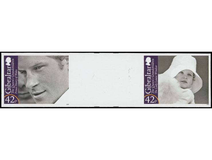 Imperf se-tenant horizontal gutter proof, twenty pairs featuring Prince Harry & Lady Louise Windsor, in issued colours unmoun