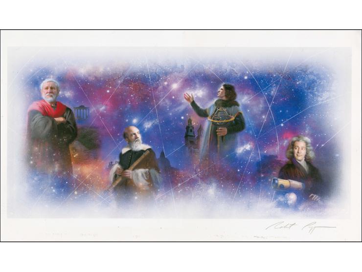 Signed print by Robert Papp showing all four subjects as they appeared on the issued stamps, on textured paper image size 460