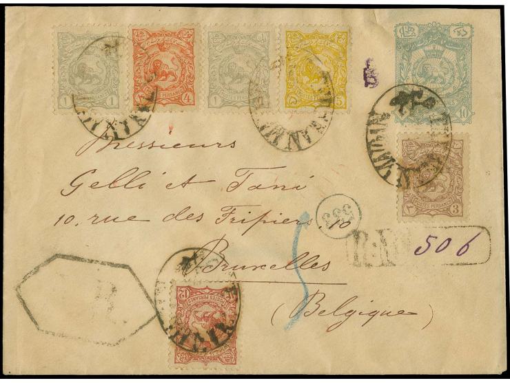 1899, green paper issue 1 ch. (2), 3 ch., 4 ch., 5 ch. and 12 ch. tied by oval "TEHERAN MAIDAN" to postal stationery envelope