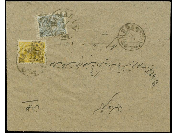 1902, "PROVISOIRE 1319"  on 5 ch. yellow and 10 ch. blue, tied by Hamadan cds. to envelope to Teheran with arrival mark on fr