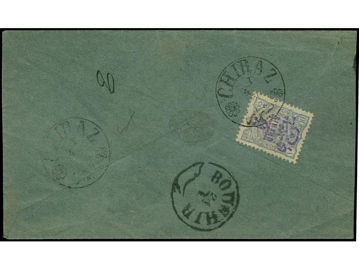 1902, 5 Chahis on 10 ch. blue, tied by fancy "CHIRAZ 1/4" (day inverted) to reverse envelope to Boushire with arrival mark, v