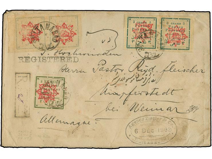 1902, Rosette handstamp issue: Large letters 2 kr. with 1 ch., 2 horizontal pairs and horizontal pair 3 ch. tied by Sultanaba
