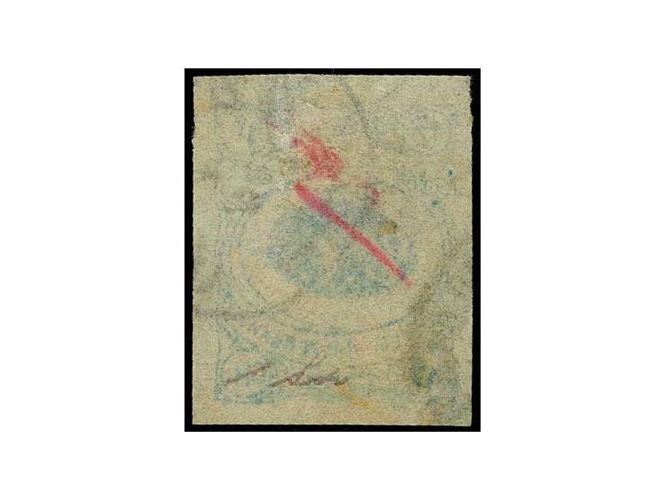 12 ch. blue, red initials, used with cds. "16/4" (inverted and transposed/4); fine and scarce, signed Sadri with certificate
