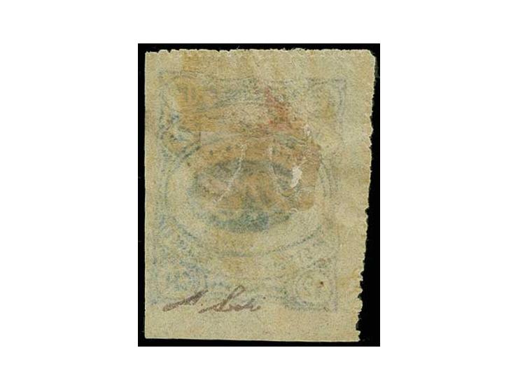 12 ch. blue, red initials, pinperforated at 2 sides, unused with original gum; a rare stamp in this condition, signed Sadri w