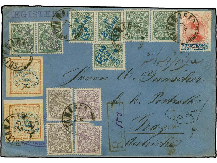 1903, "PROVISOIR 1903" 2 ch., 2 copies with surcharge issue 1 CHAHIS on 3 ch. (2) and 2 CHAHIS on 3 ch. (3) and 12 CH on 10 k