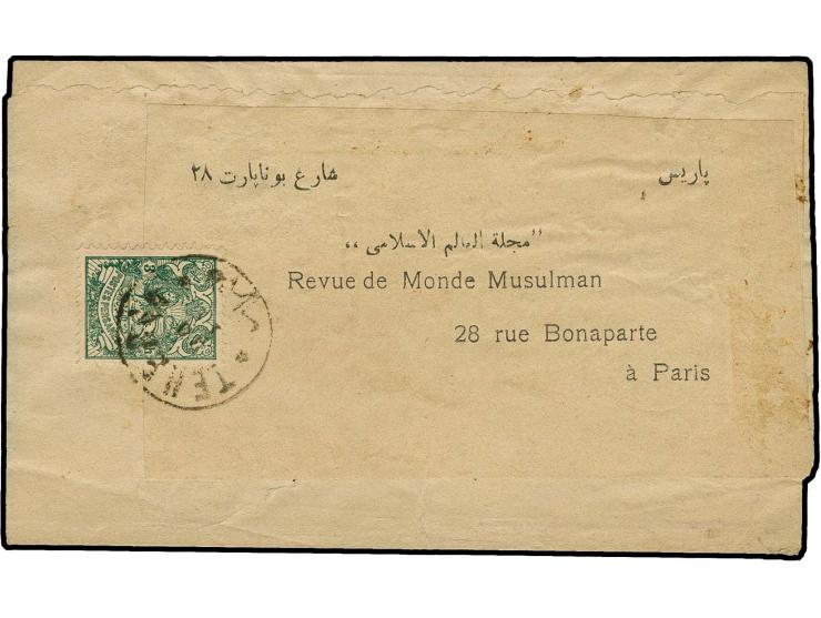 1903/04, lion and Mozaffar-eddin Shah, 3 ch. green tied by Teheran cds. to printed matter wrapper to Paris; a scarce usage