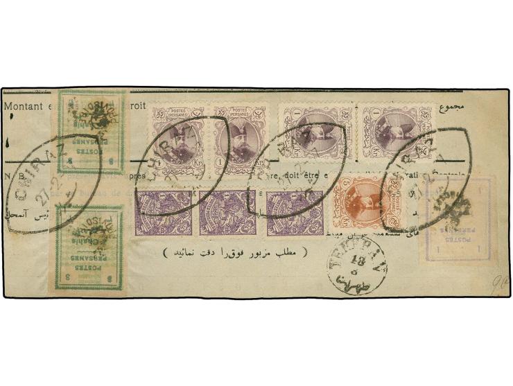 5 kr. with additional franking including 1906, provisional type set issue 1 ch. and 3 ch. in vertical pair, tied by oval "CHI