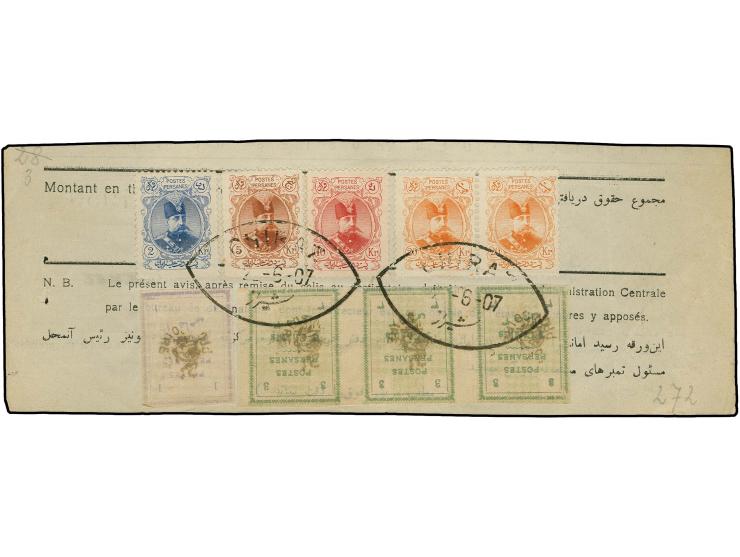 20 kr. in horizontal pair with 10 kr., 5 kr. and 2 kr. and 1906, provisional issue 1 ch. and horizontal strip 3 ch., tied by 