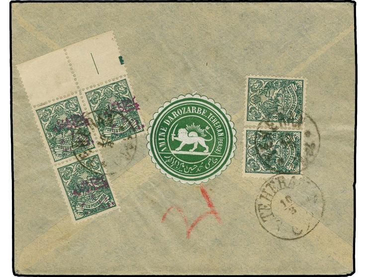 1905, internal mail provisional 1 ch. on 3 ch. in marginal block of 4 together with 2 unsurcharged 3 ch., tied by Teheran cds