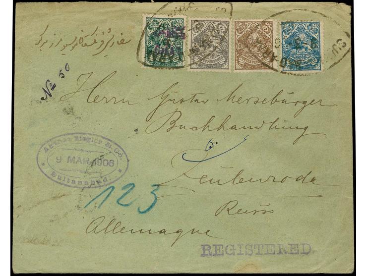 1 ch. on 3 ch., 2 copies, one applied on reverse, together with unsurcharged 2 ch., 10 ch. and 12 ch. on registered envelope 