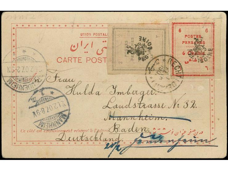 1906, provisional type set issue 2 ch. used as postcard tax stamp together with 6 ch., tied by cds. "RECHT (DEPART) 11 FEVR 1