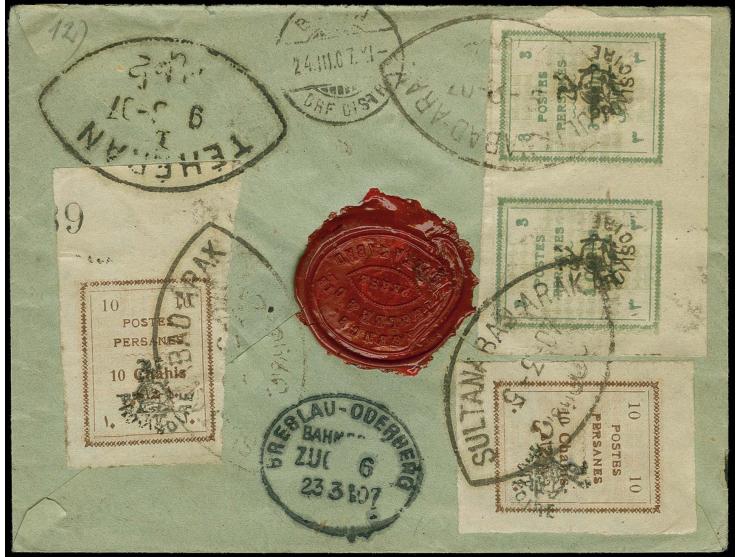 10 ch., 2 single copies with horizontal pair 3 ch. tied by oval "SULTANABAD-ARAK 5-3-07" (date and month inverted) to reverse