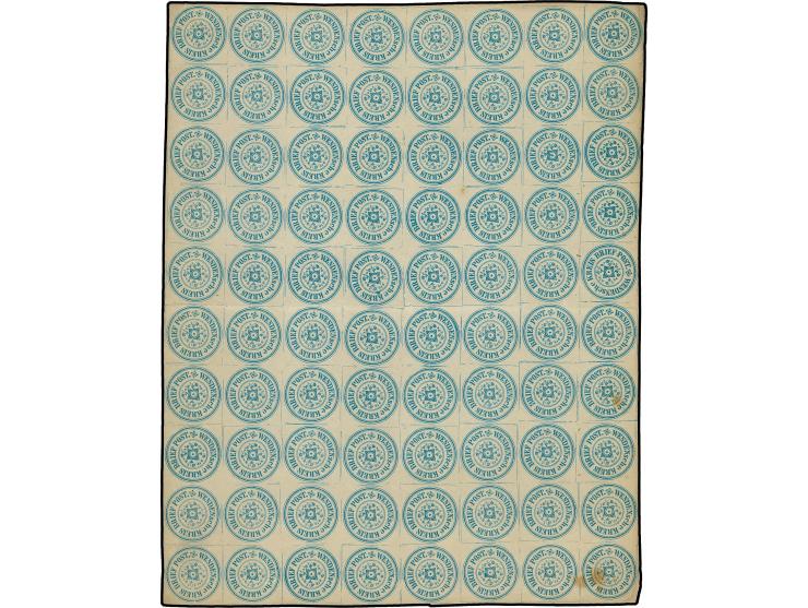 1862, 2 k. blue as block of 80 with one tête-bêche, without gum, vertical fold, lower right stamp torn, little unfresh, scarc