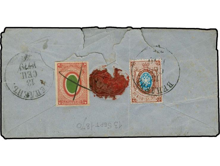 1871, green oval without green borderline 2 k. tied by manuscript mark to cover in combination with Russia 1866 10 k. with cd