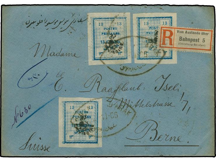 13 ch., 3 copies tied by oval "SULTANABAD ARAK" to registered envelope 1906 to Switzerland with German transit-register label