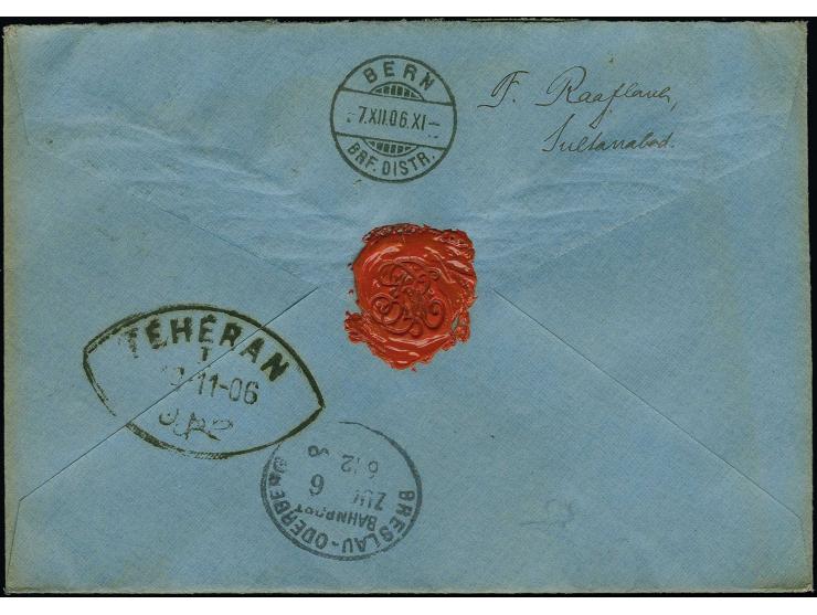 13 ch., 3 copies tied by oval "SULTANABAD ARAK" to registered envelope 1906 to Switzerland with German transit-register label
